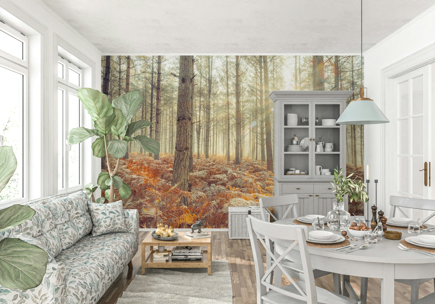 Sunlit forest wallpaper for a minimalist bedroom feature wall with organic tones.