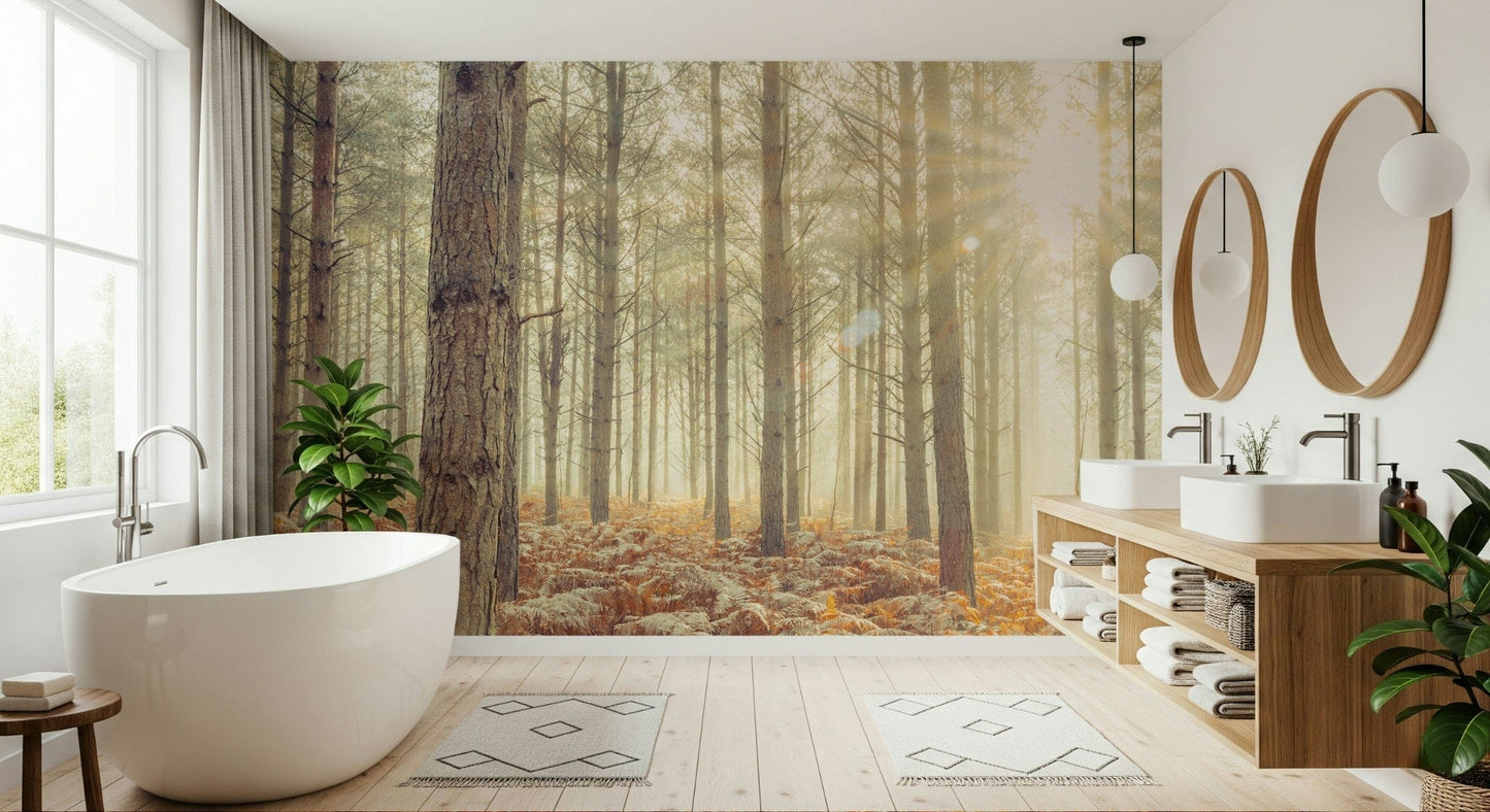Neutral tone nature wallpaper for a small studio apartment living space.