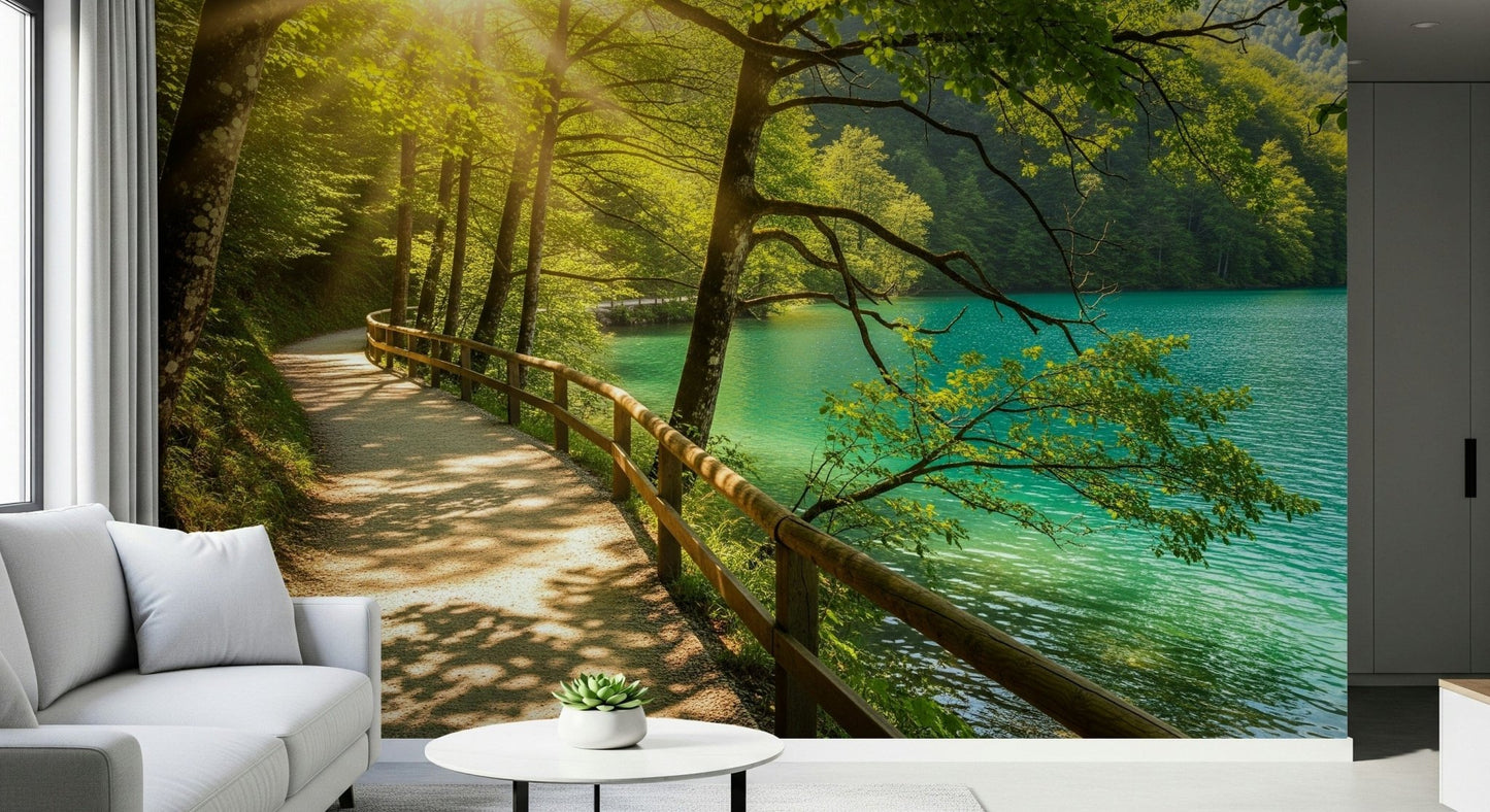 Sunlit Lakeside Path Wall Mural