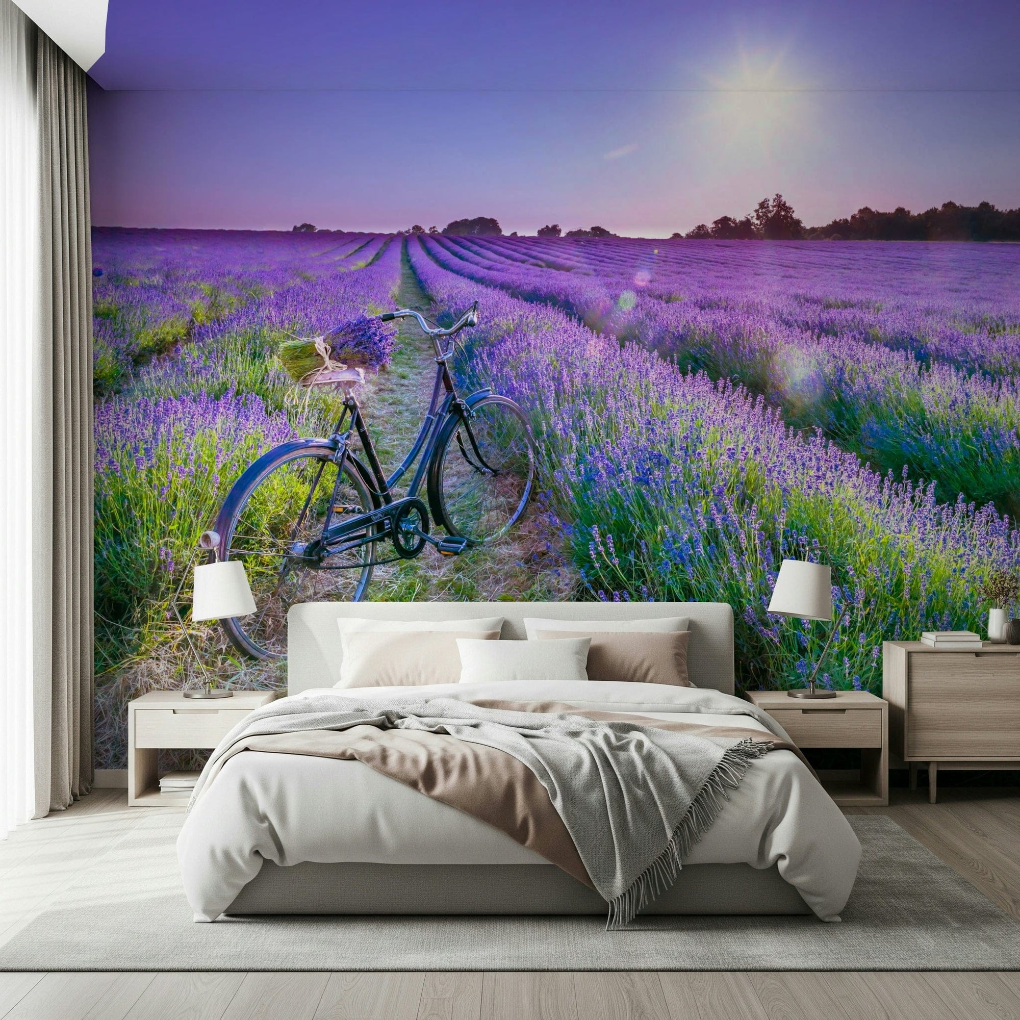 Sunlit Lavender Escape wallpaper mural of a bicycle in a purple lavender field at sunset behind a bed with wooden nightstands