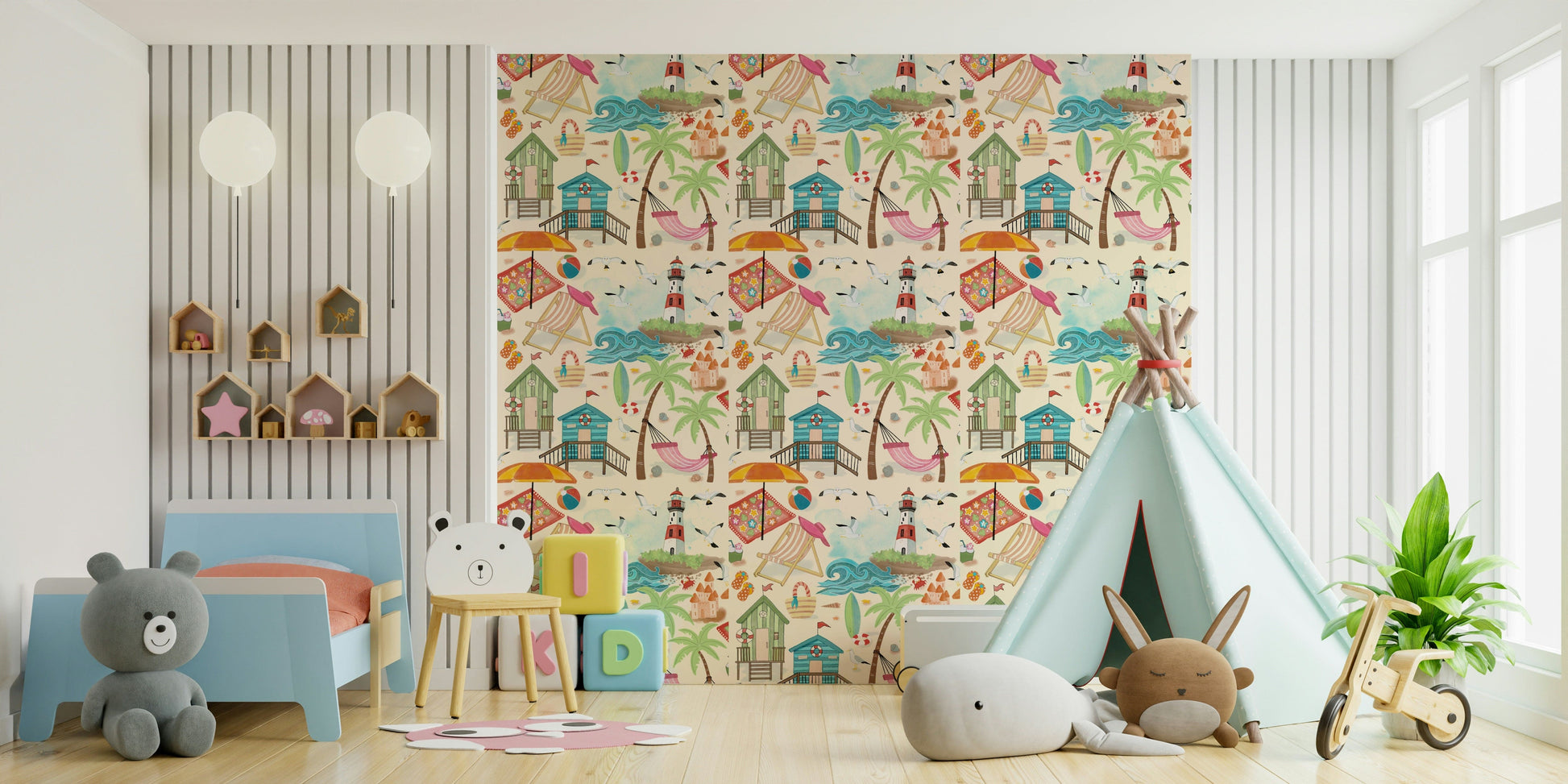 Relaxing beach wallpaper featuring coastal plants, shells, and calm waters.