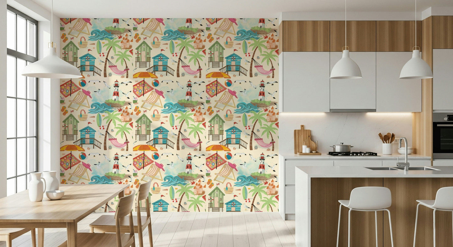 Seaside Escape wall mural with sandy shores, ocean waves, and distant horizon.