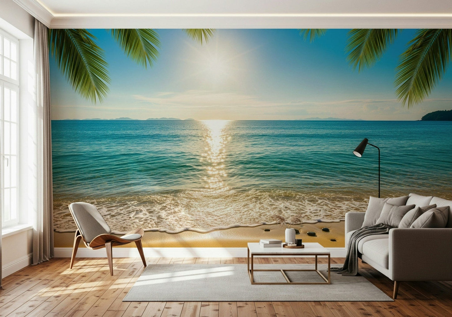 Calm coastal mural behind TV wall, muted blues and sandy neutrals, tidy finish