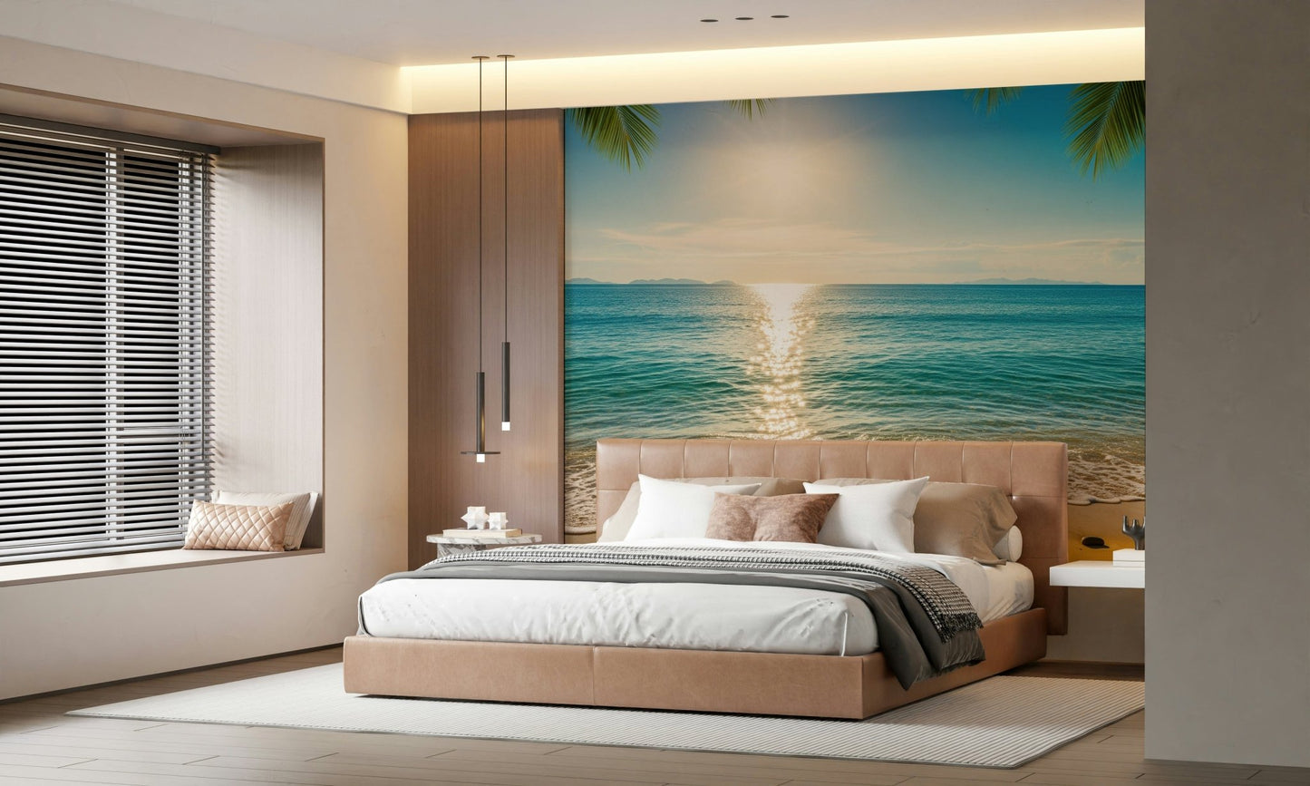 Sunny Coastal Calm Wall Mural in bedroom, gentle ocean colours, restful wall