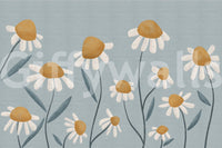 Sunny Daisy Field wallpaper mural close-up of illustrated white daisies with ochre centers on a dusty blue-grey background