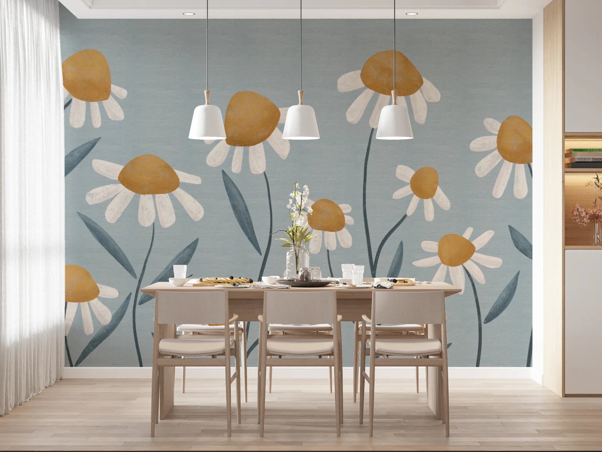 Sunny Daisy Field wallpaper mural with white daisies on dusty blue behind a pale wood dining table and chairs in a dining room
