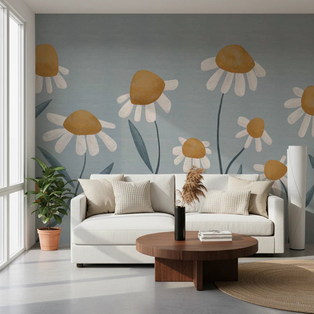 Sunny Daisy Field wallpaper mural with mustard daisies on blue behind a white sofa and round walnut table in a living room