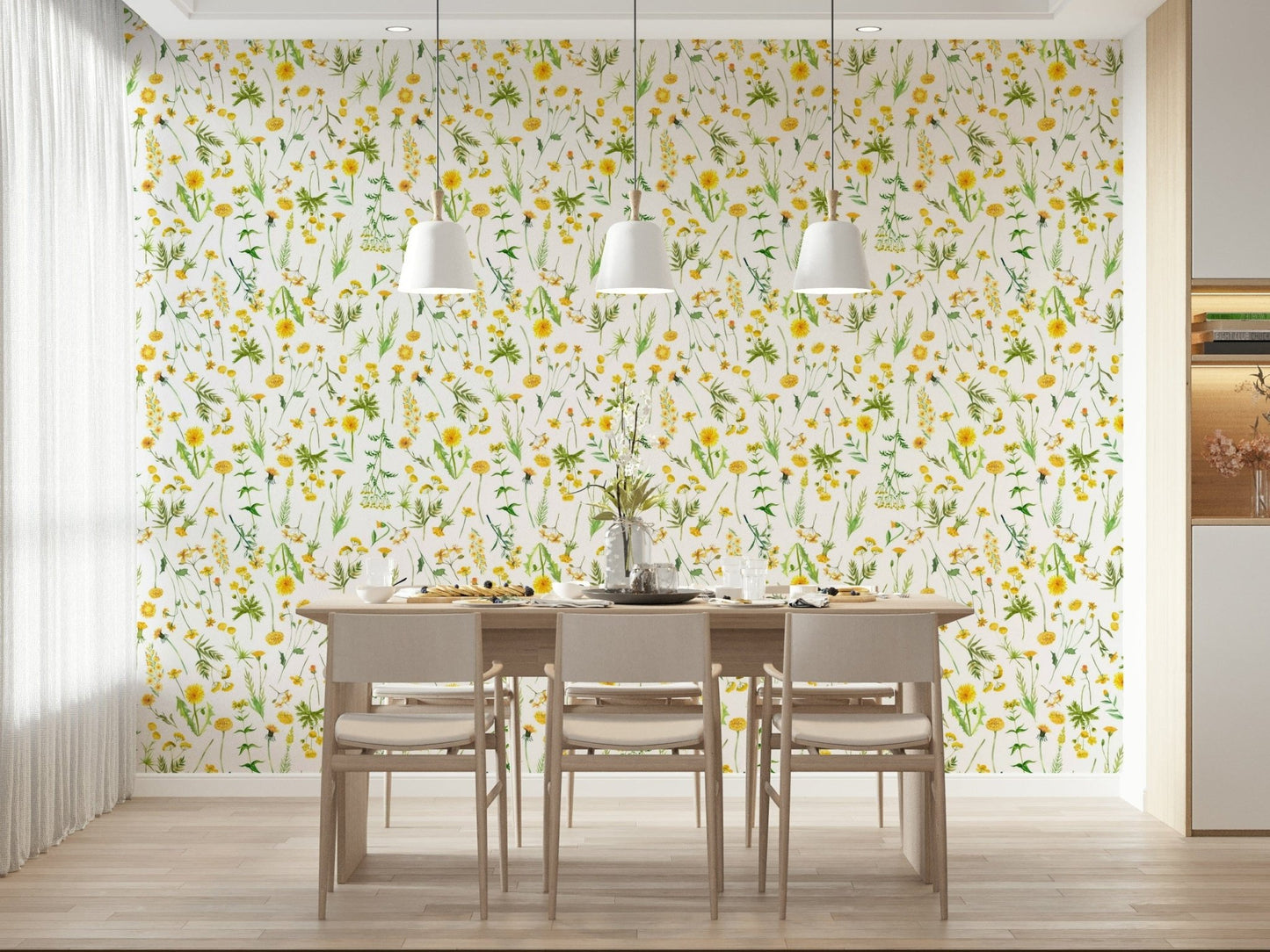 Sunny Meadow springtime flower design wallcovering material.