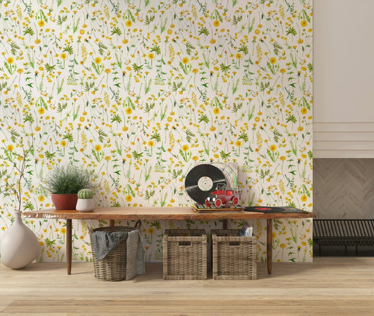 Watercolor flower meadow wallpaper for walls.