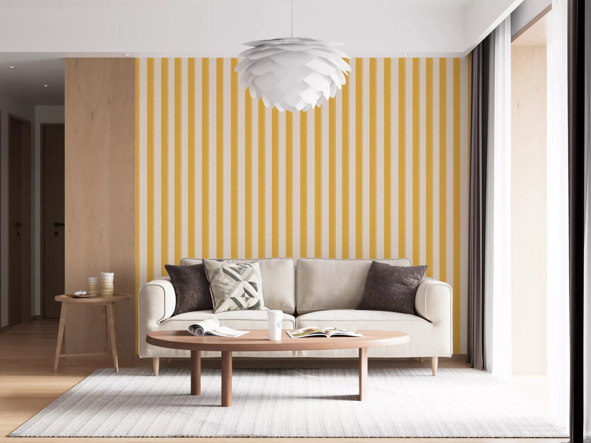 Sunny Stripes Wallpaper with ochre and cream vertical bands.