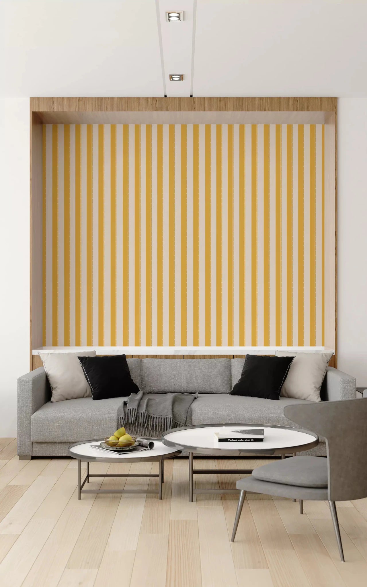 Symmetrical ochre and cream Sunny Stripes living room Wallpaper.