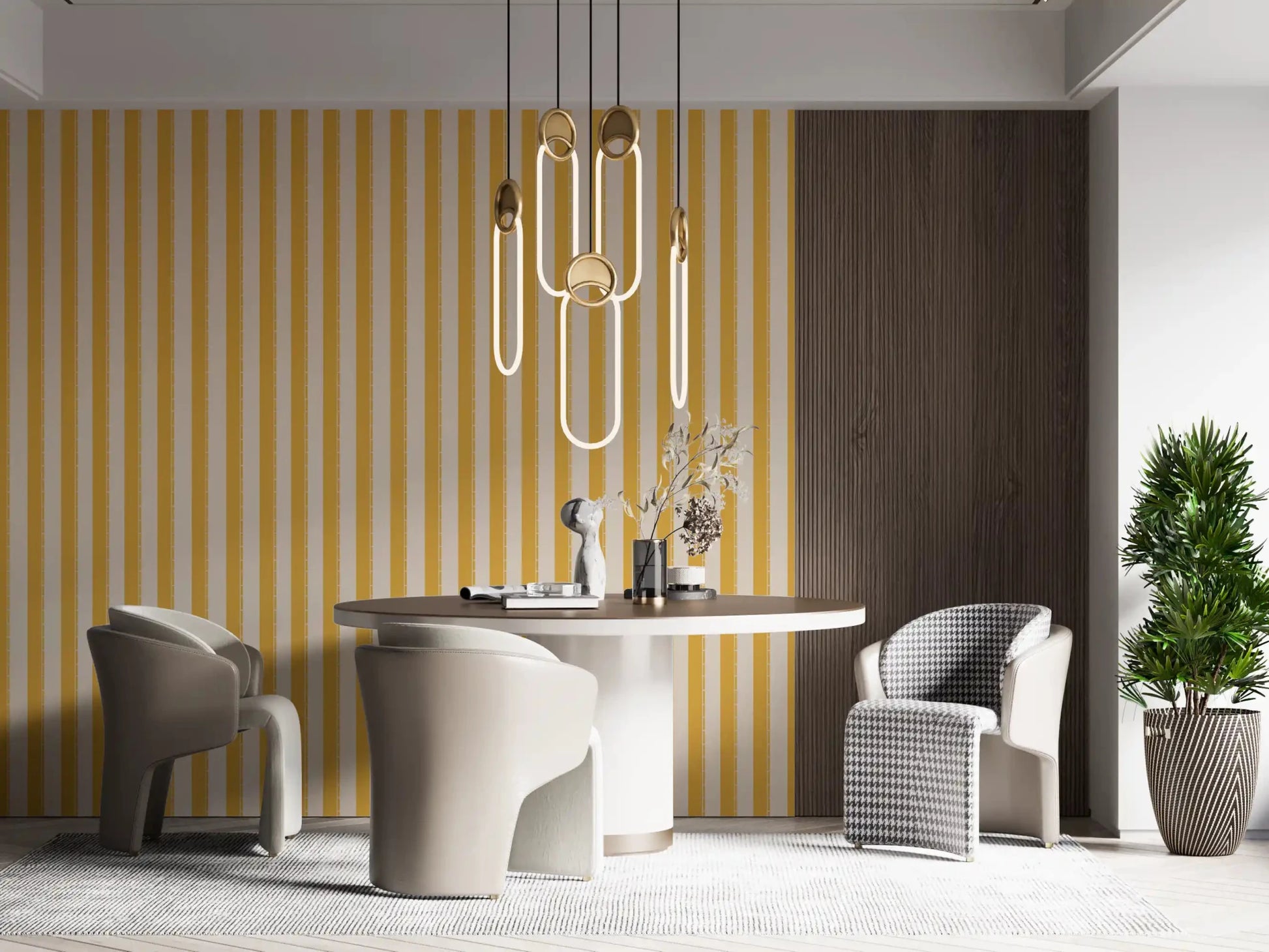 Matte finish Sunny Stripes dining area  Wallpaper in warm gold tones.