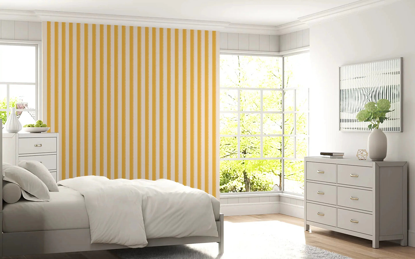Sunny Stripes Wallpaper for a bedroom with linear geometric elements.