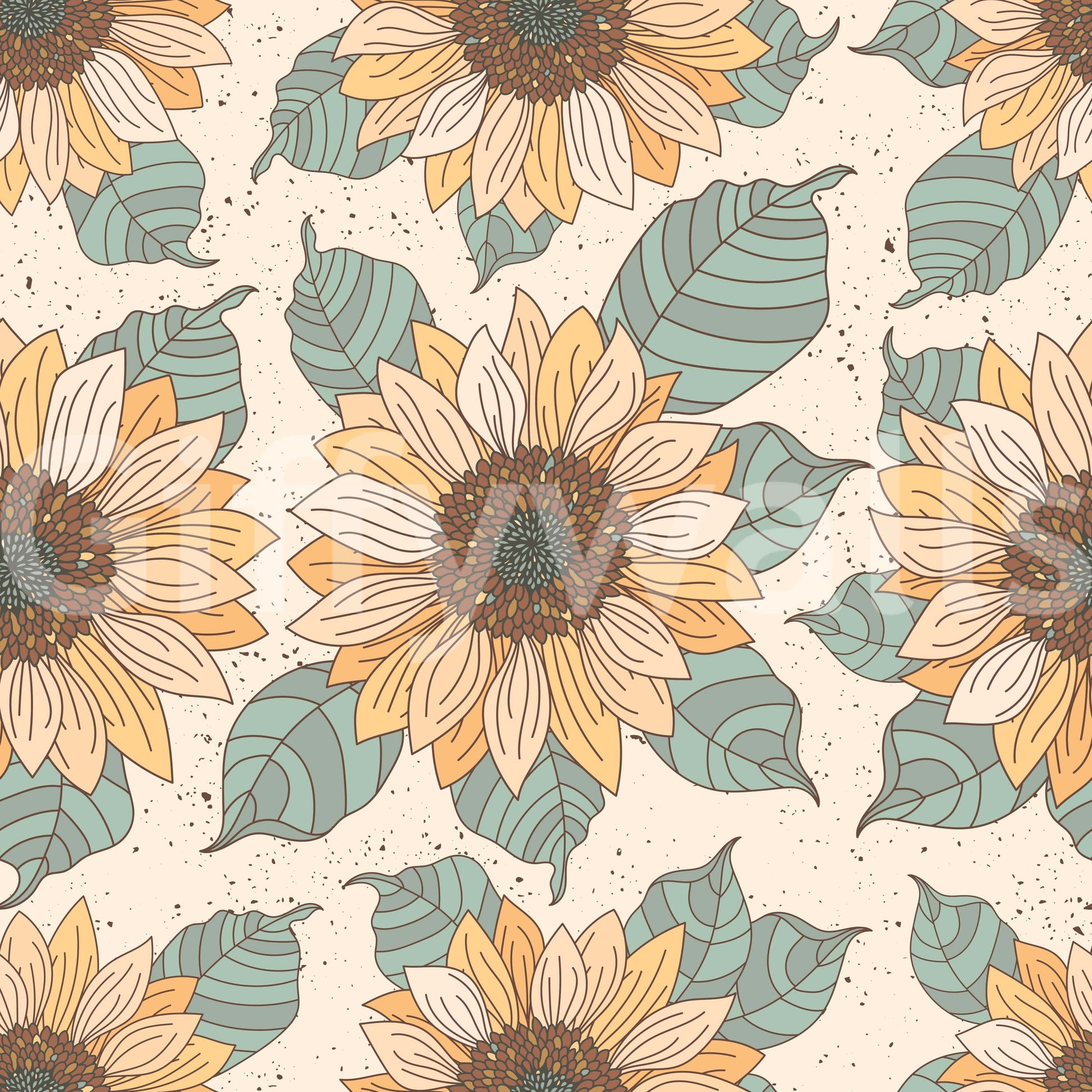 Rustic sunflower wallpaper with warm petals, teal leaves, and fine speckled background details.