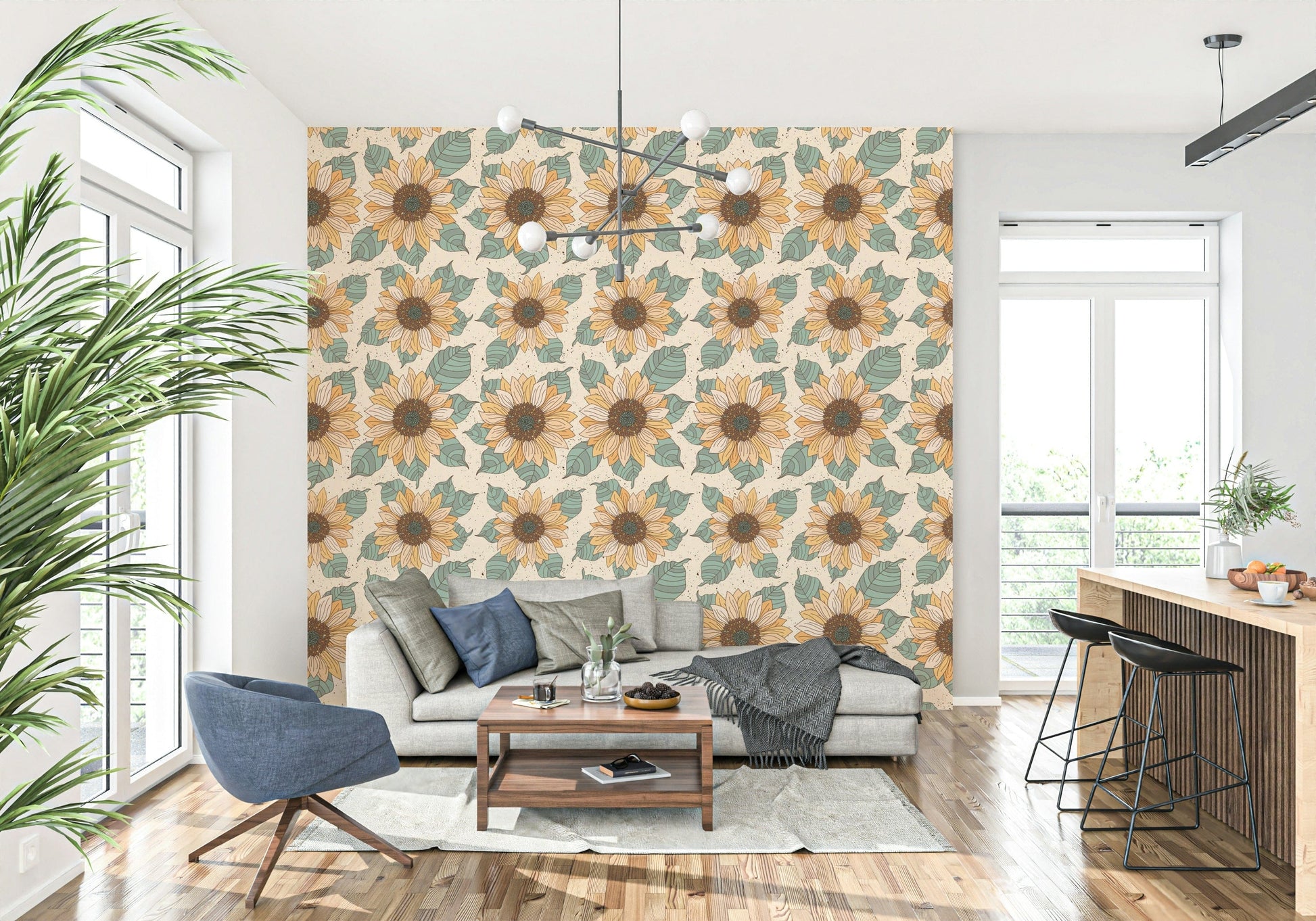 Nature-inspired wallpaper mural with detailed sunflower illustrations and soft teal foliage.