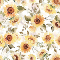 Warm sunflower print wall covering, earthy foliage detail.
