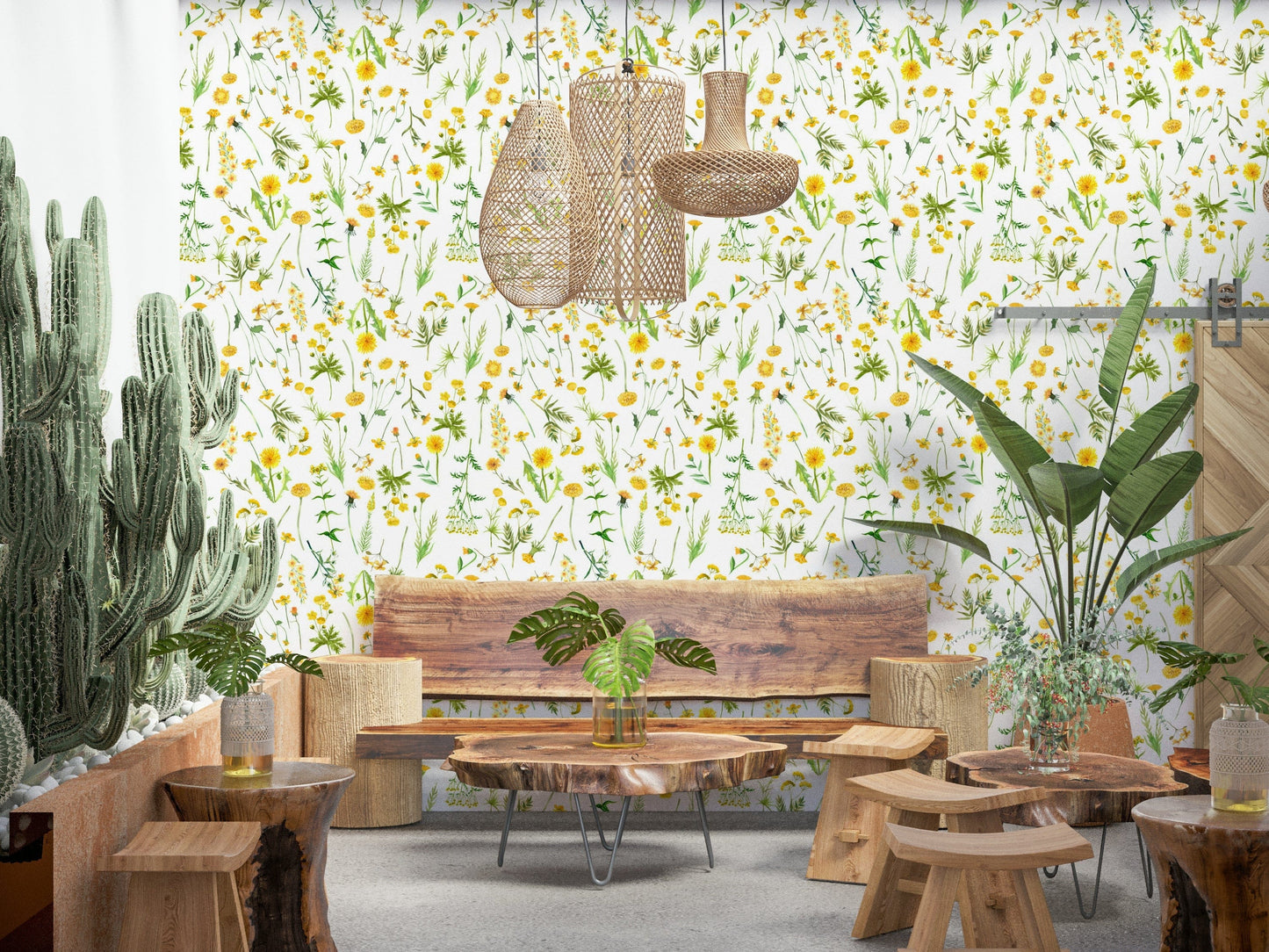 Cheerful Sunny Meadow yellow flowers greenery wallpaper.