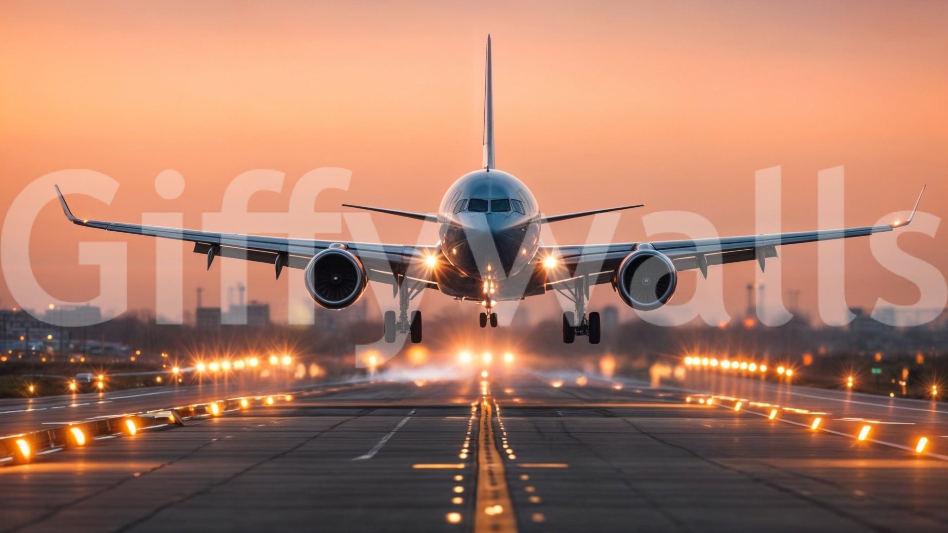 Stairwell accent wall with sunrise mural, sleek railing, soft color gradient, modern look