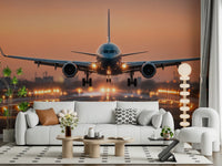 Modern nursery reading corner with sunrise wall mural, pastel accents, soft light, cozy mood