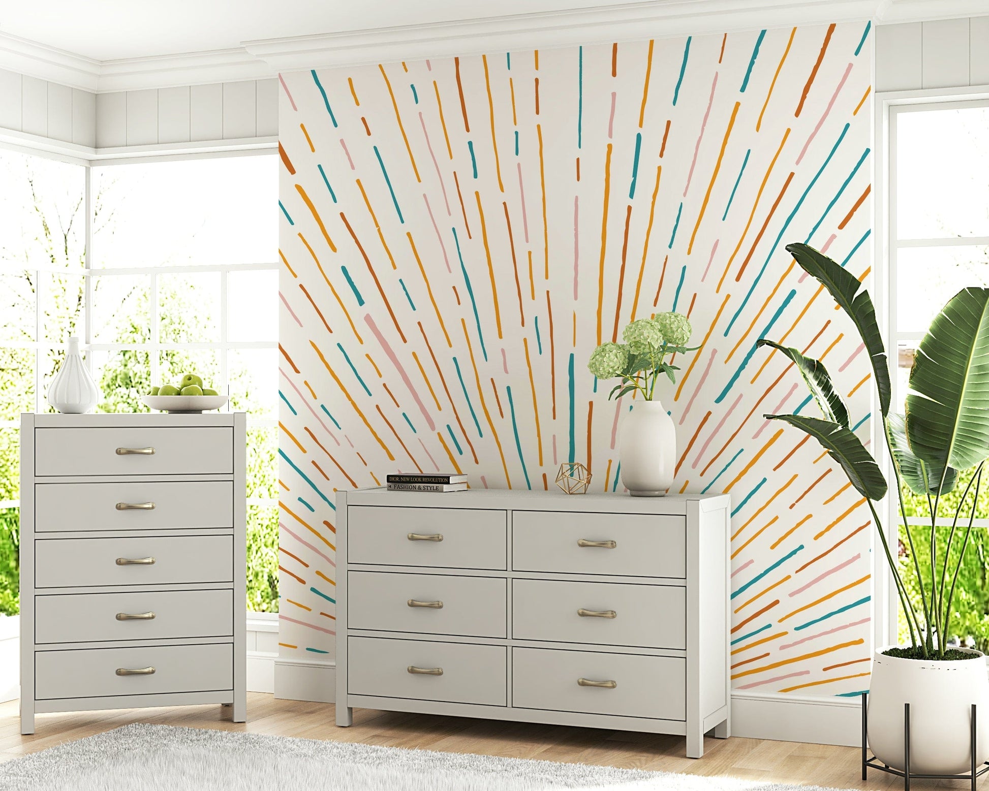 A calming abstract design wallpaper mural that defines a space.