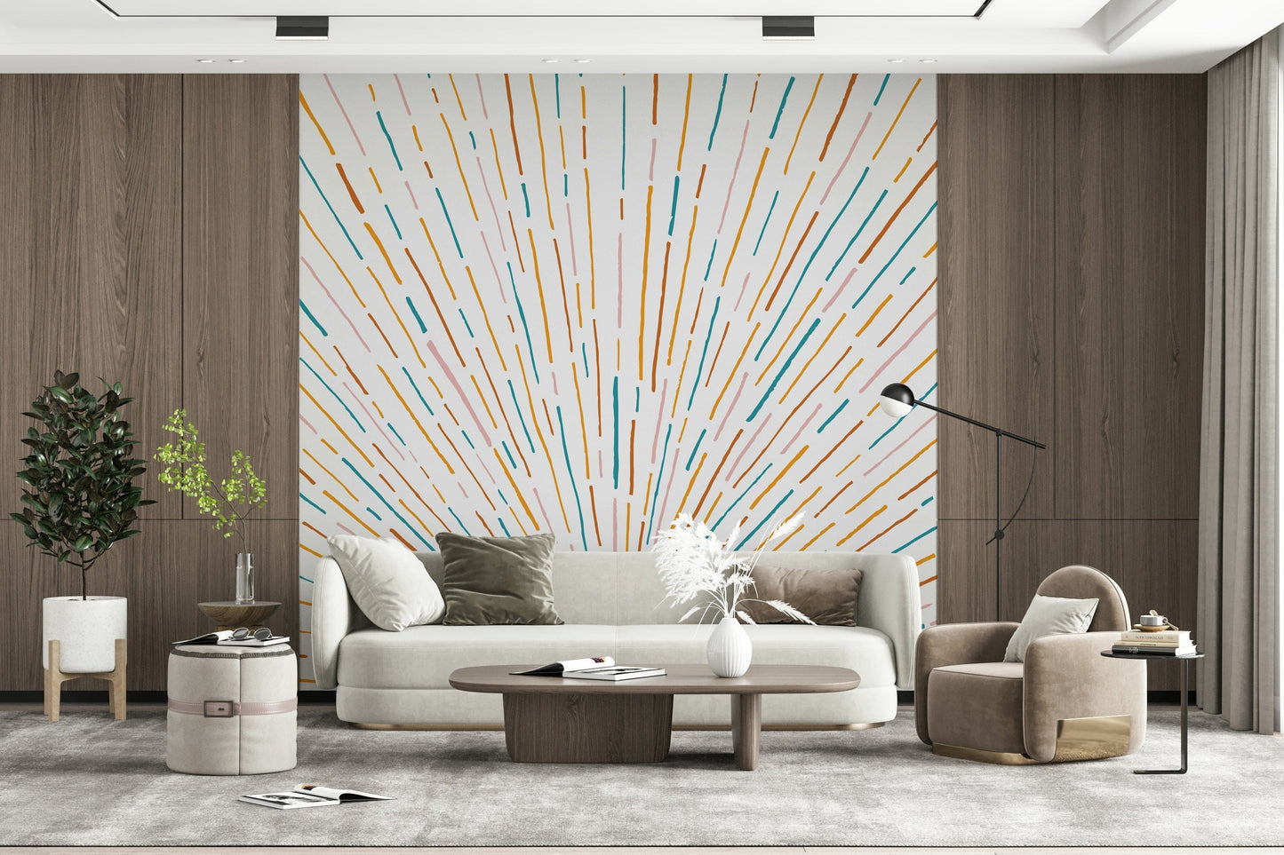 A peaceful modern abstract mural on decorative wallpaper.