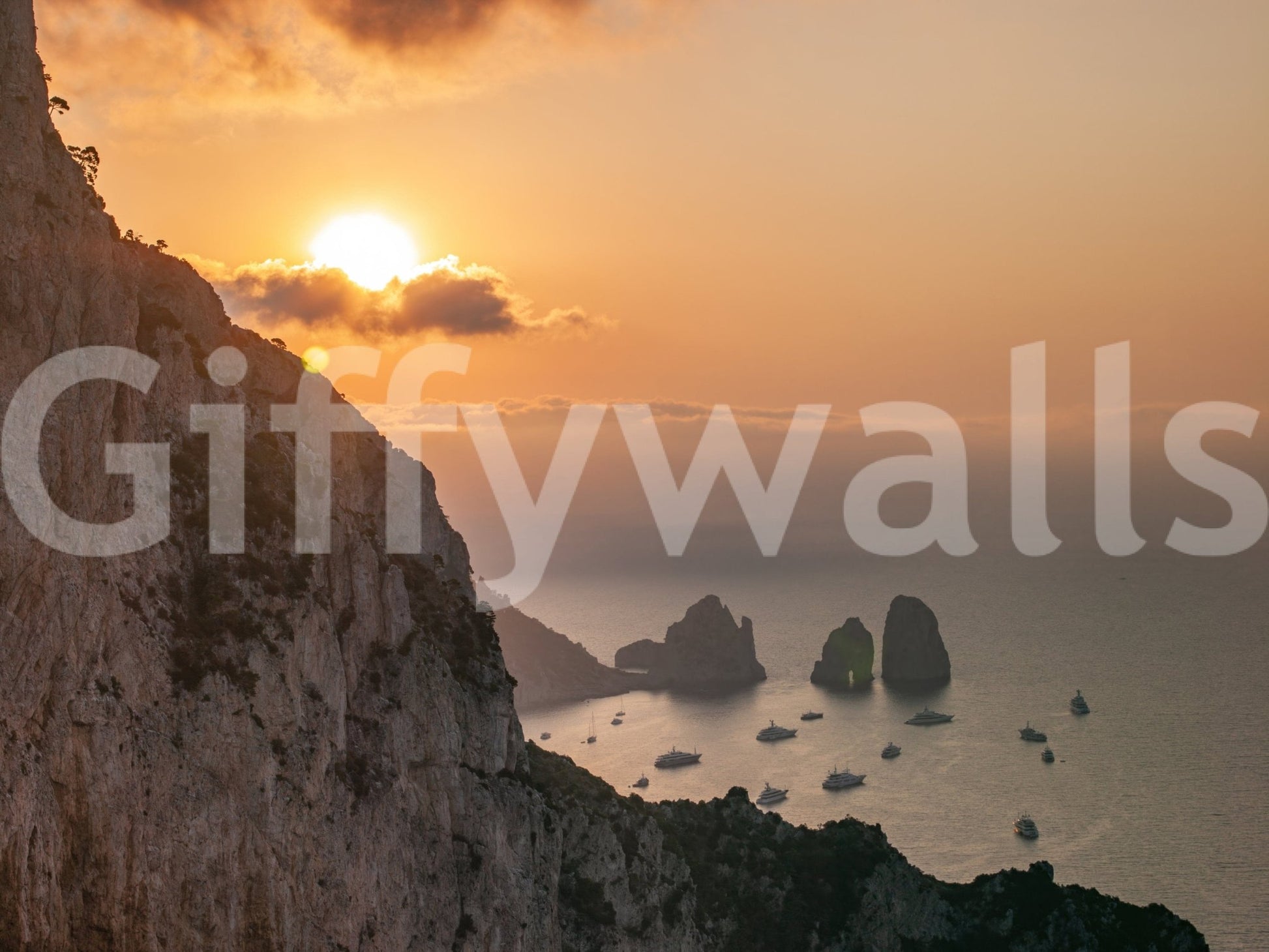 Scenic cliff wall mural with rising sun