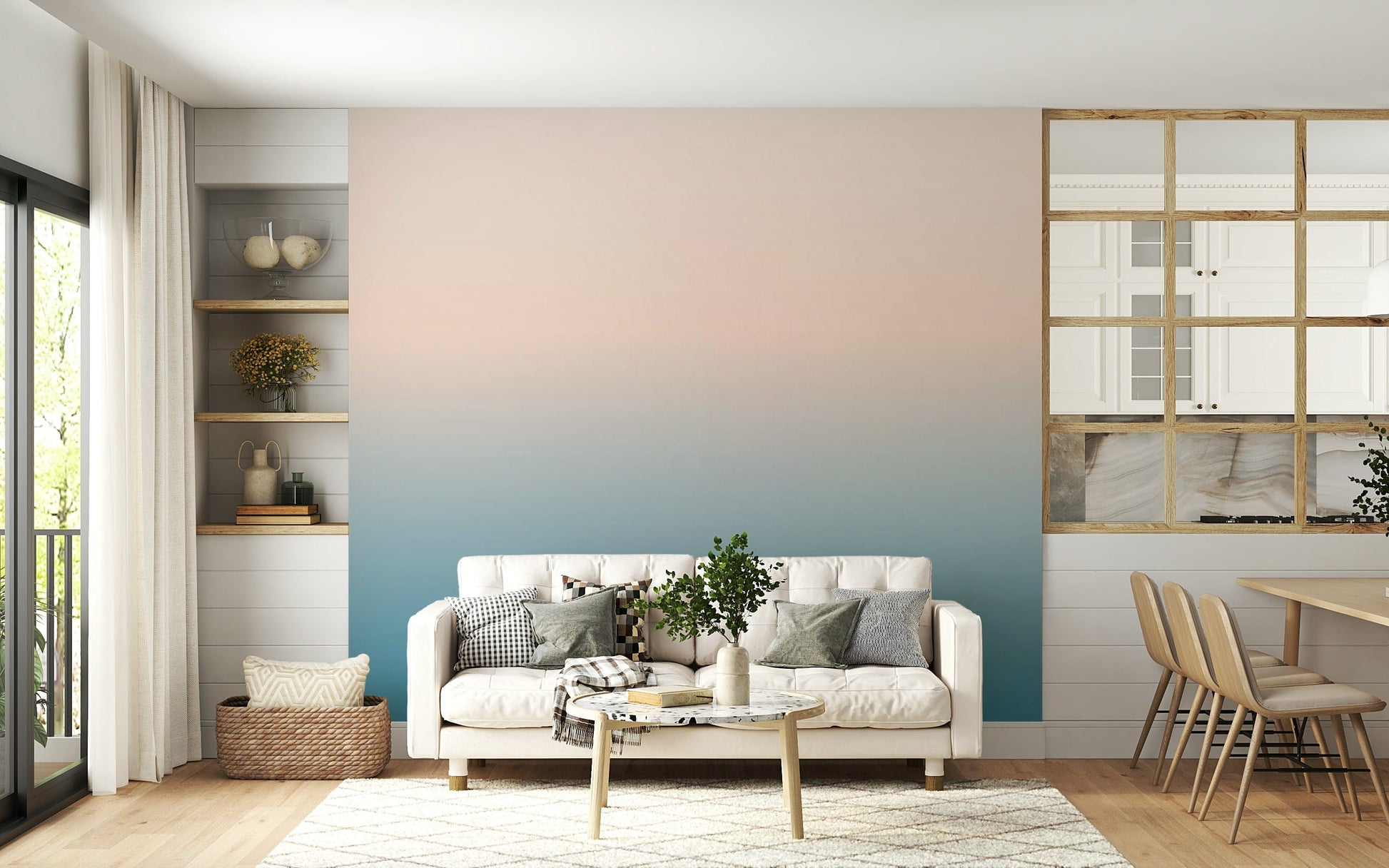 Dreamy mural texture, delicate peach over a bold, aquatic blue shade.