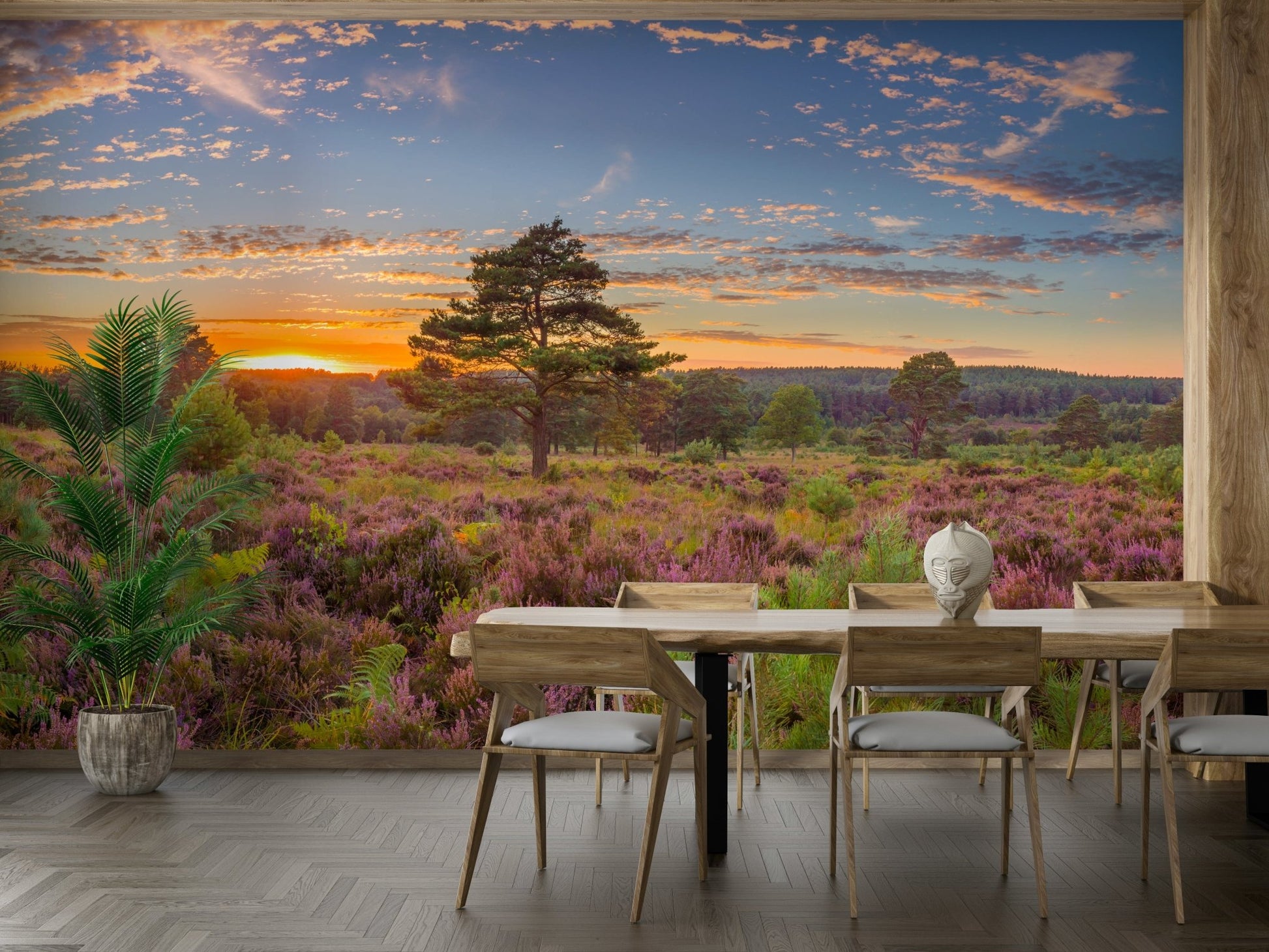 A wall mural featuring a peaceful, natural heather field scene.


