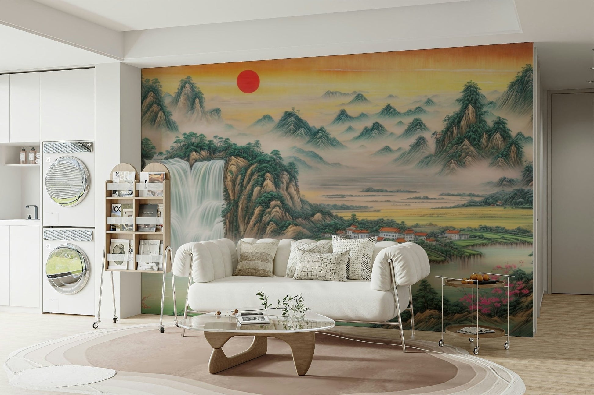 Soft, warm light from the rising sun illuminates the sky.
