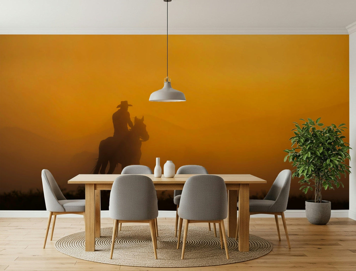 Scenic equestrian sunset mural creating a peaceful, artistic wall statement.