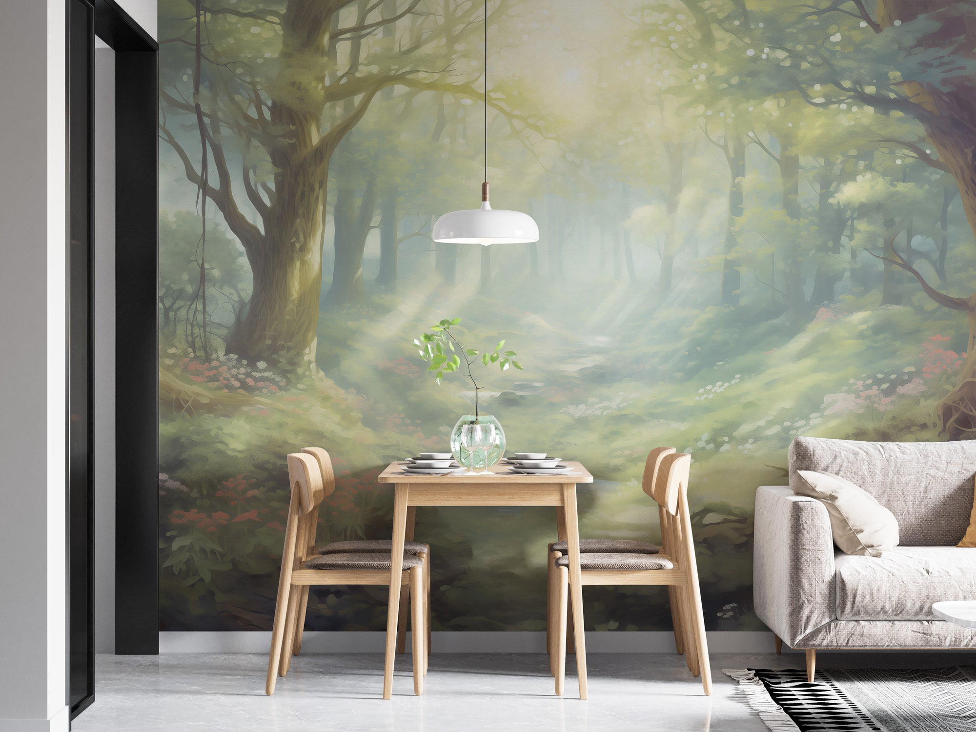 Sunset Forest wallpaper mural of a misty sunlit woodland behind a light wood dining table and chairs