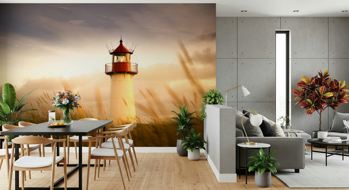 Hallway feature wall with ocean horizon mural, lighthouse glow,.