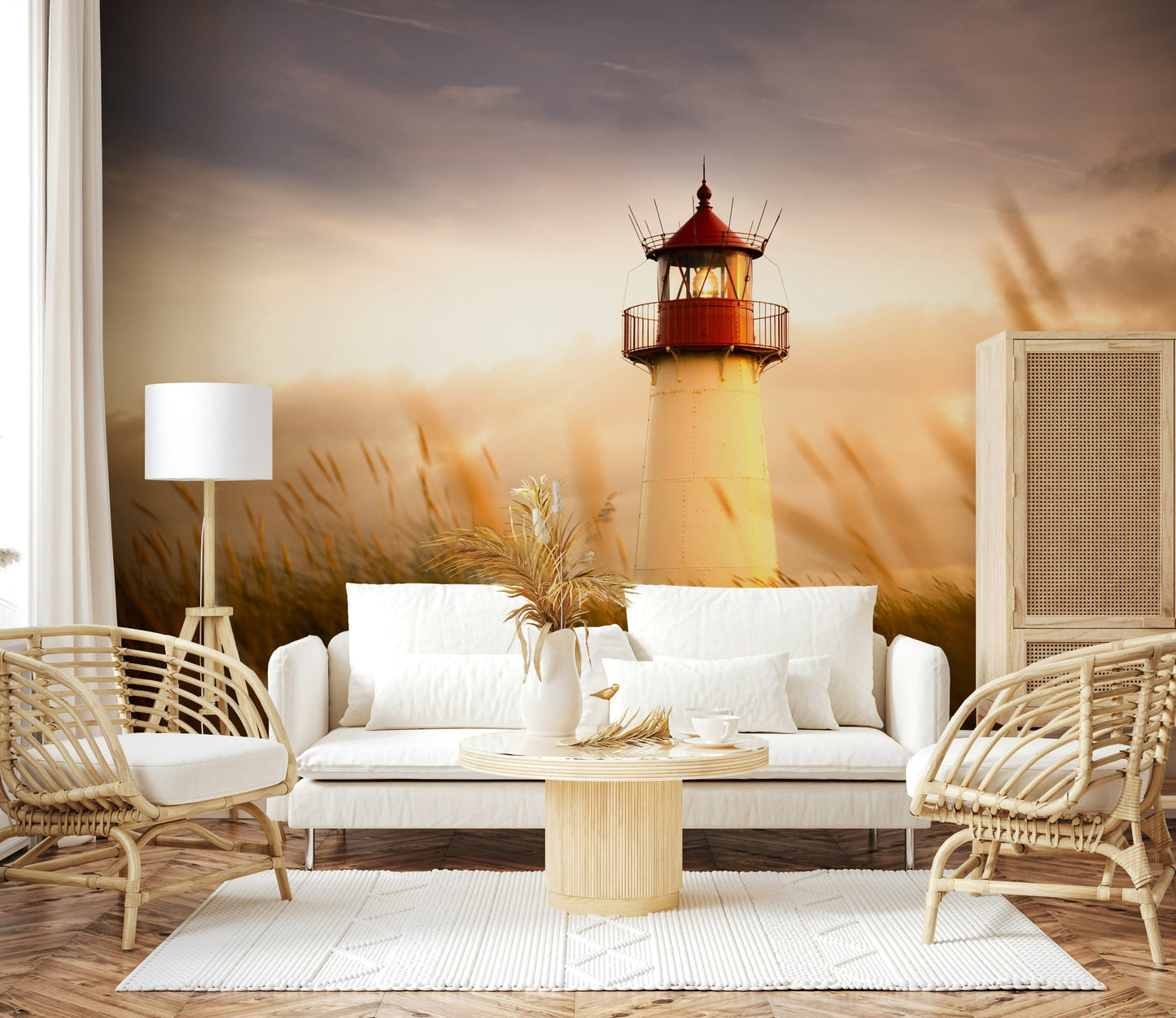 Home office backdrop with coastal beacon wall mural.
