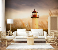 Home office backdrop with coastal beacon wall mural.