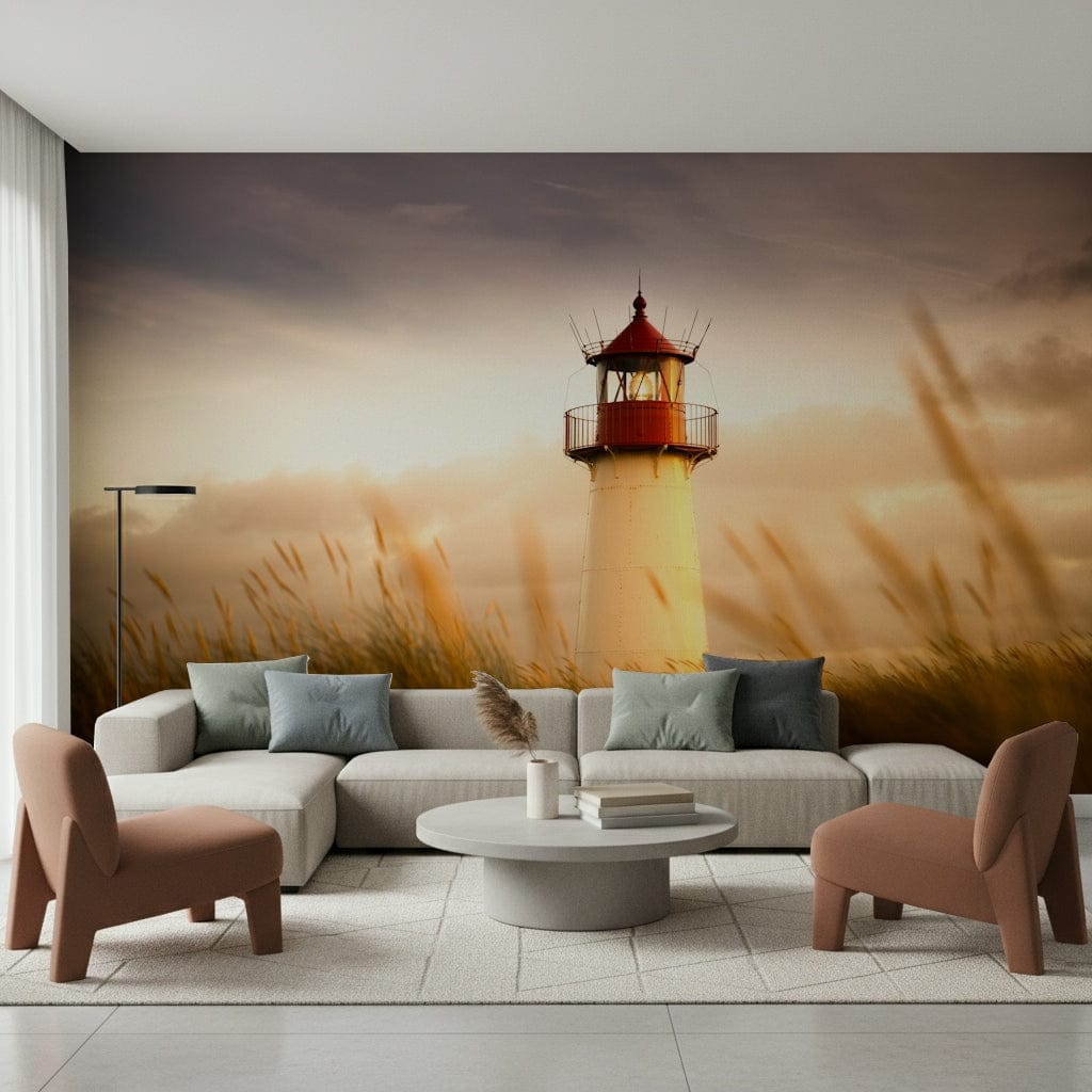 Coastal sunset lighthouse mural on living room feature wall, warm orange glow, modern wall decor