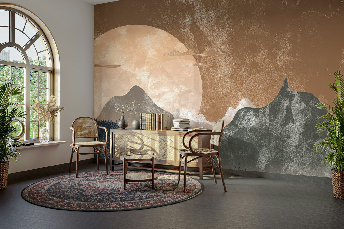 Artistic mountain silhouette wallpaper in a cozy apartment reading corner.