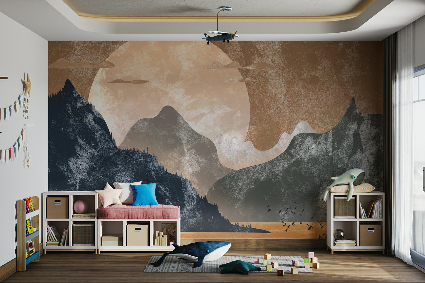 Geometric peak design with a setting sun for a contemporary apartment office feature wall.