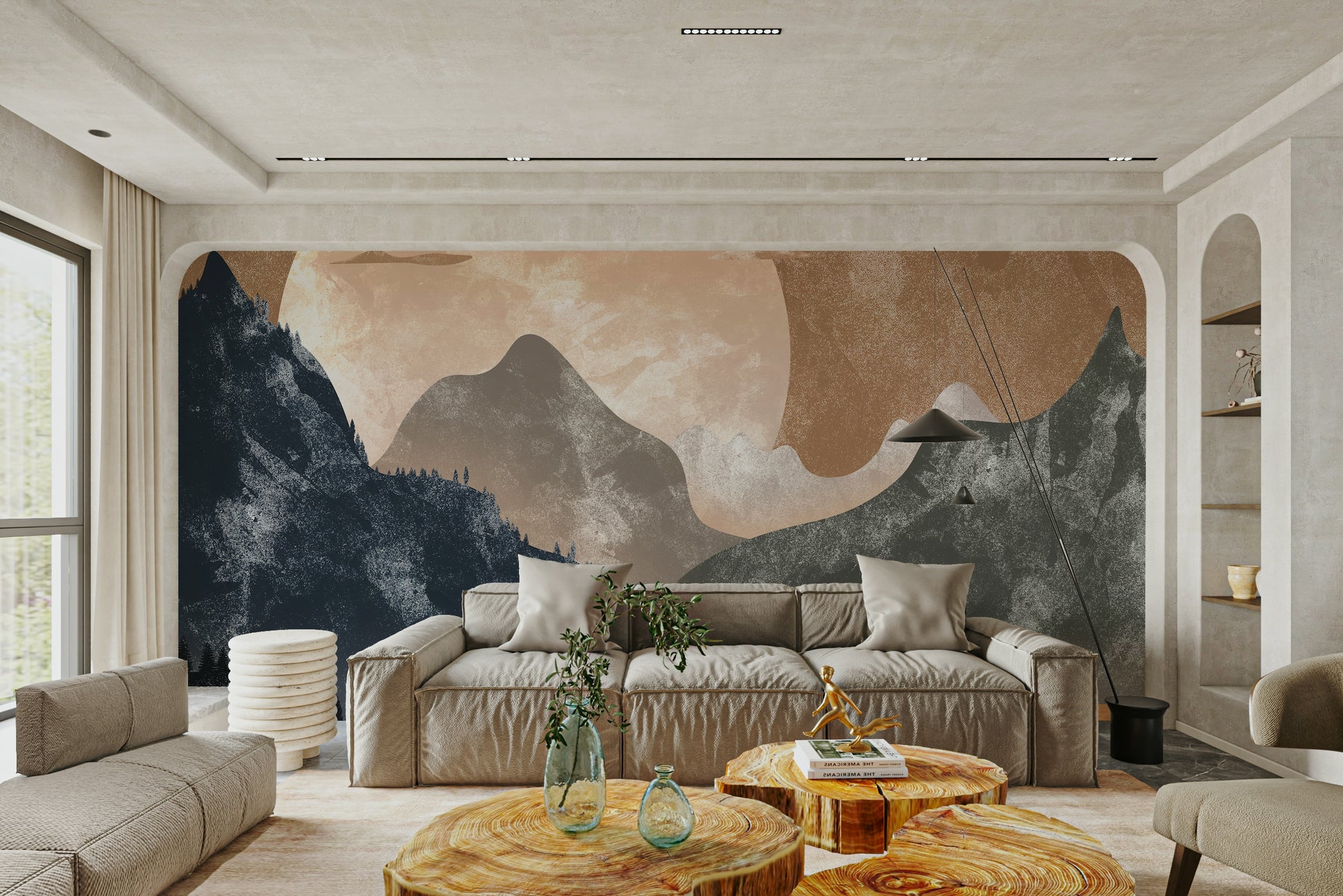 Minimalist mountain range mural in a master bedroom with warm lighting and wood furniture.