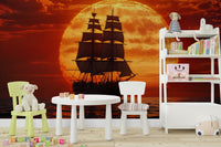 A minimalist interior with the sailing-themed wallpaper.