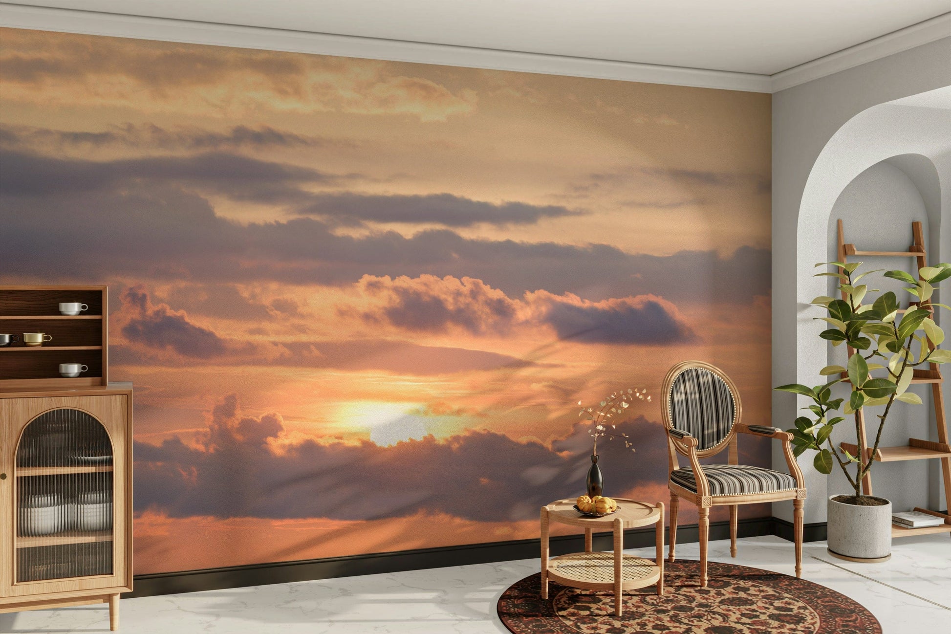 A calming serene sky wallpaper mural that defines a space.

