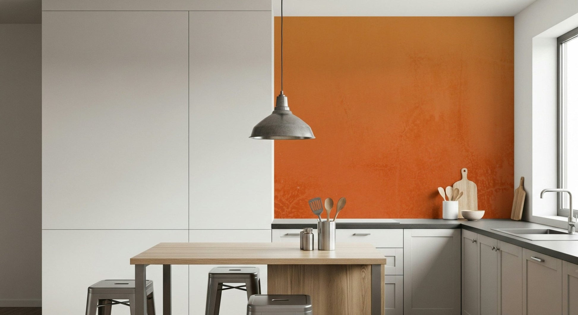 Rich apricot wallpaper with subtle distressed Sunset finish.