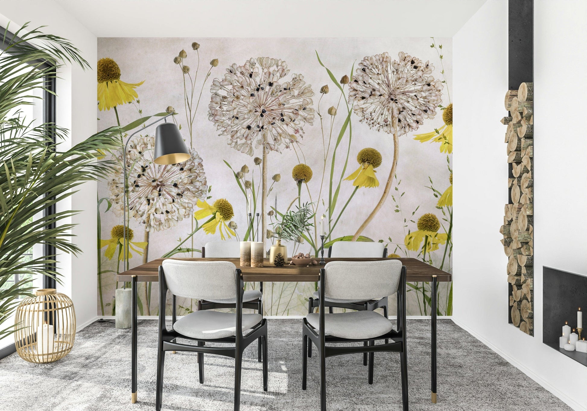 A beautiful modern art wall mural of delicate flowers.

