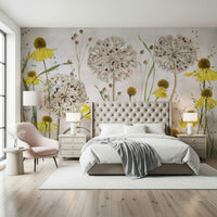 A graceful subtle flower wall mural in bright, elegant tones.

