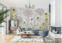 An artistic bright bloom mural on minimalist wallpaper.

