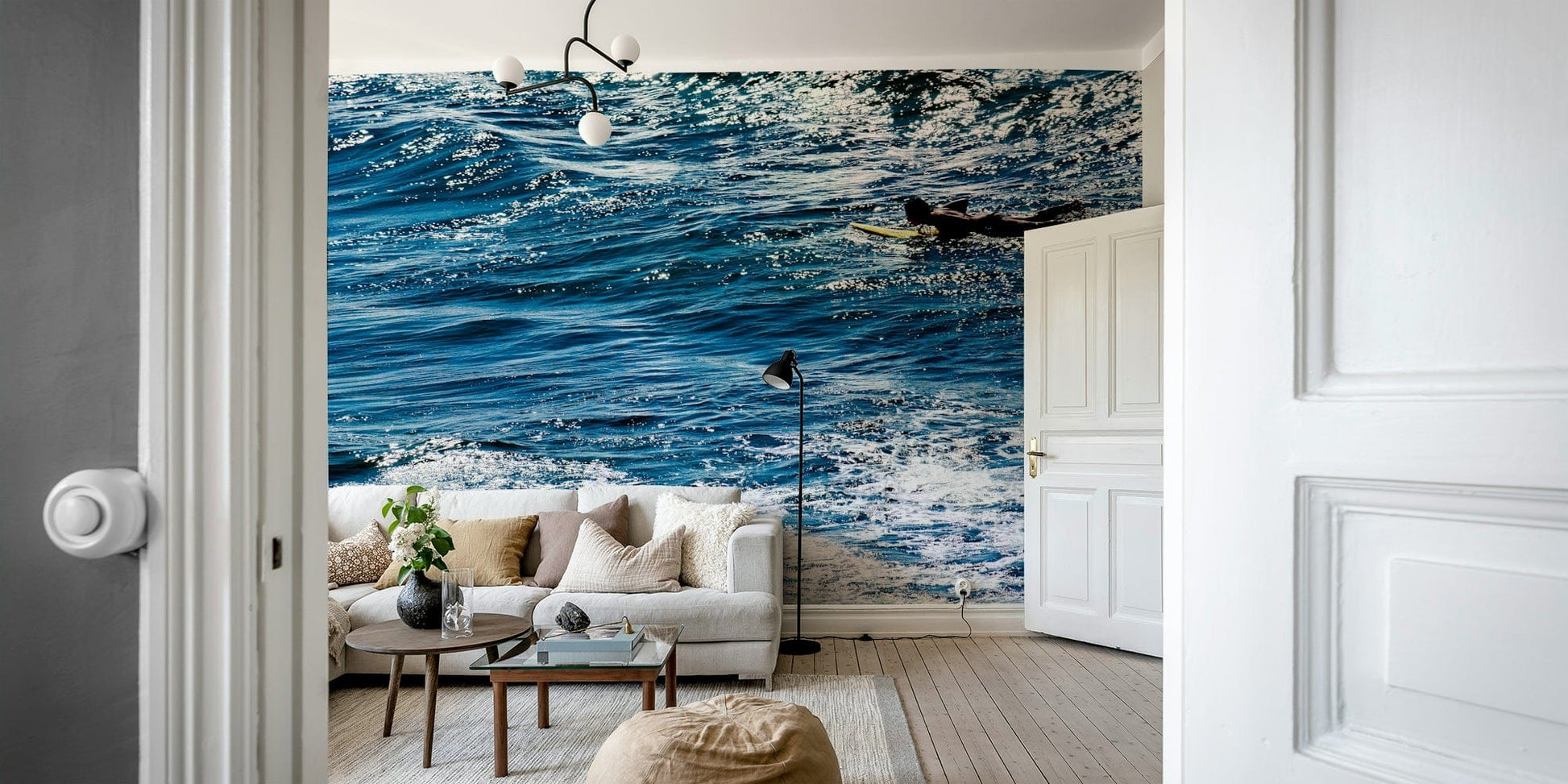 An artistic dynamic pattern mural on minimalist wallpaper.

