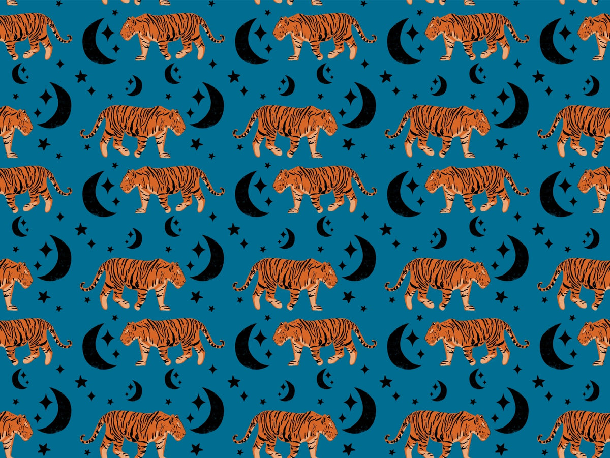 Tiger Moon Blue Kids Room Wallpaper in your room — zoomed
