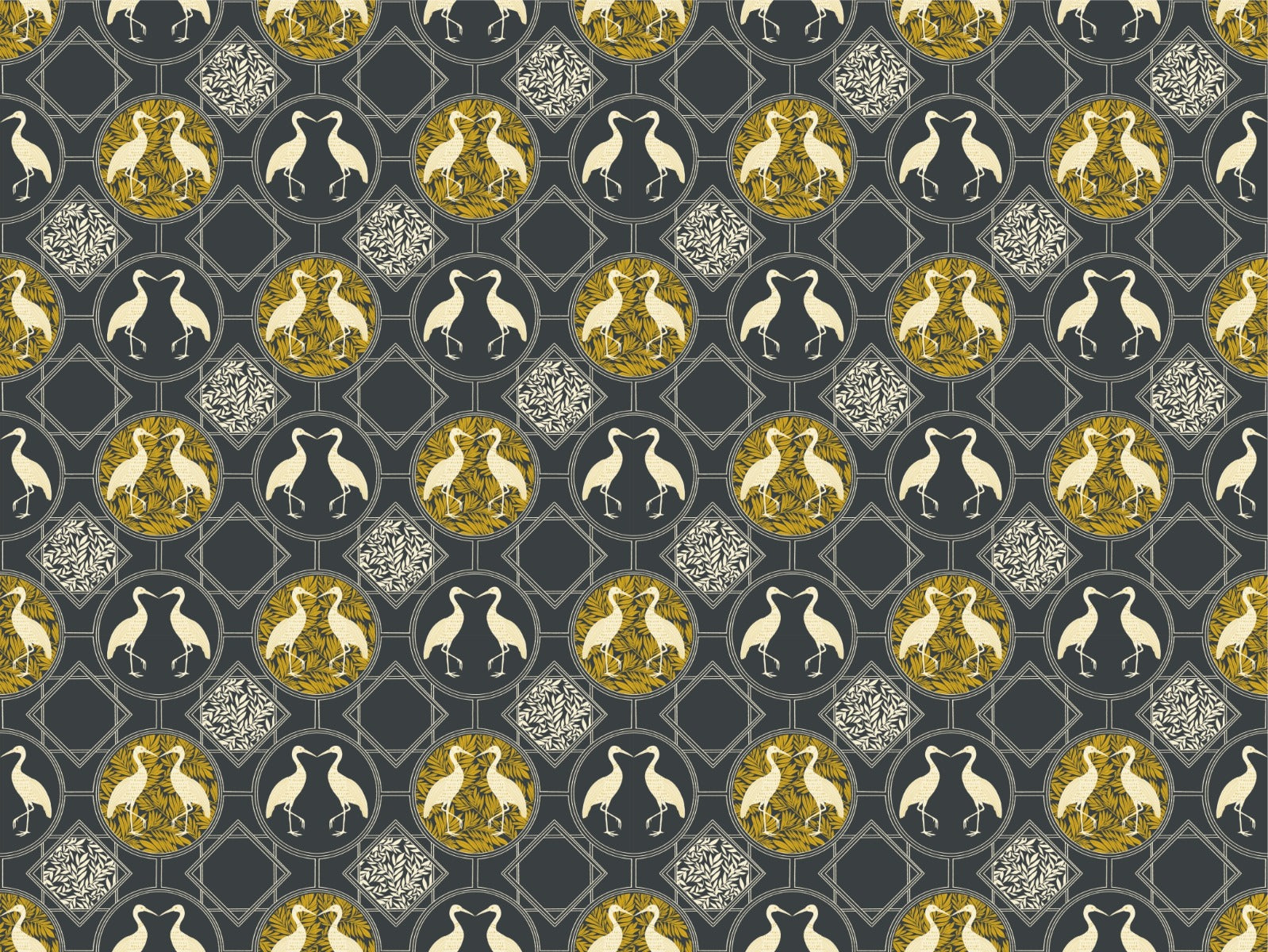 Art Deco White Heron Charcoal Wallpaper