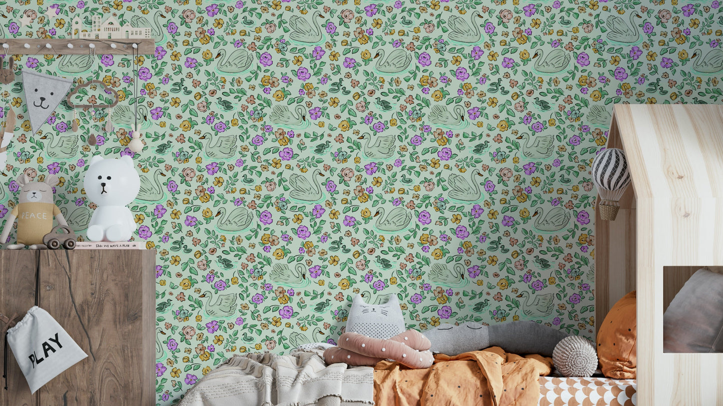 Swan lake wallpaper with blooming floral details

