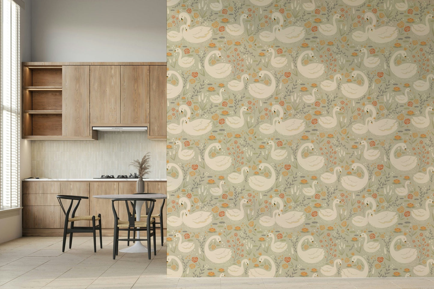 Fairytale-inspired swan lake design with delicate colors and soft scenery.