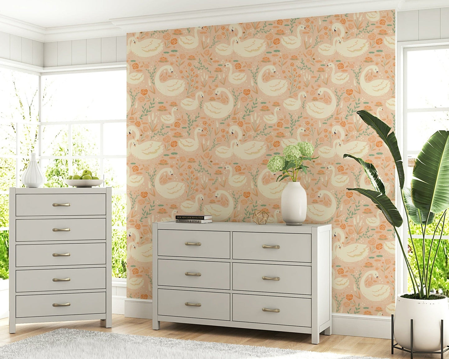 Dreamy lake scene with elegant swans and delicate pastel flowers.